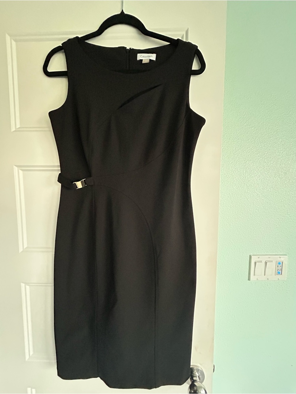 Calvin Klein Black Sleeveless Sheath Dress with Waist Buckle